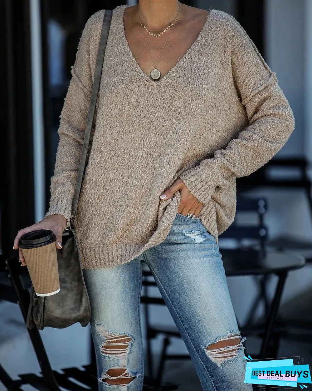 Plain V Neck Knitted Casual Sweater