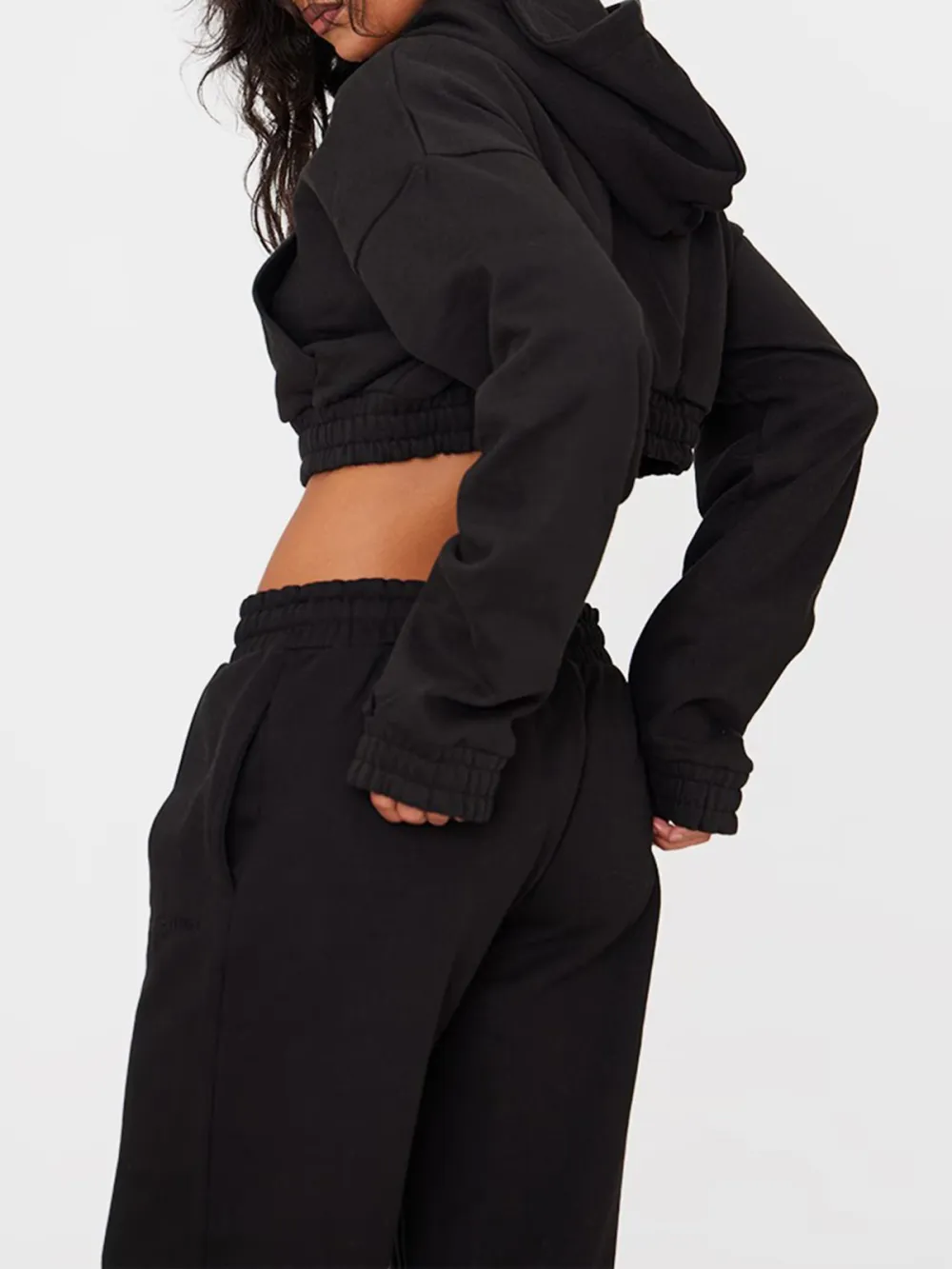 Black Premium Cropped Waistband Detail Hoodie