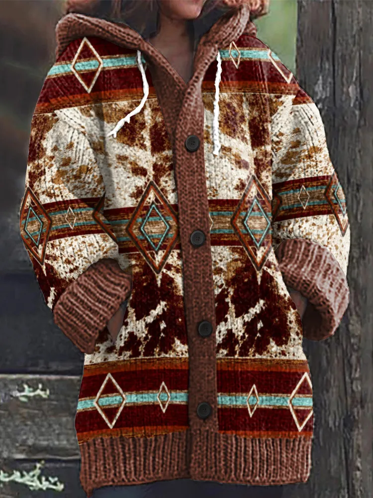 Vintage Western Print Cozy Knit Hooded Cardigan