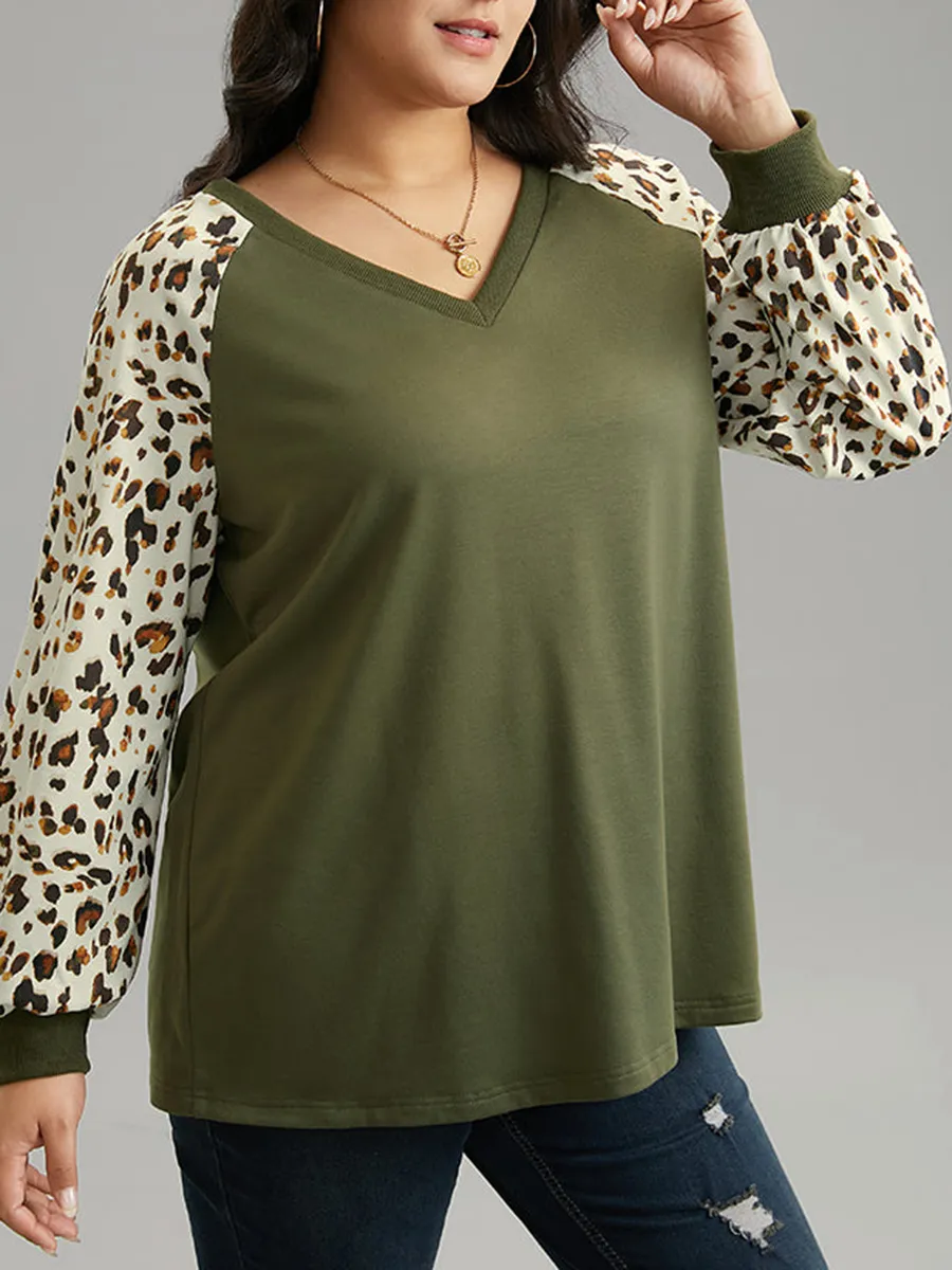 Leopard print patchwork T-shirt with shoulder sleeves