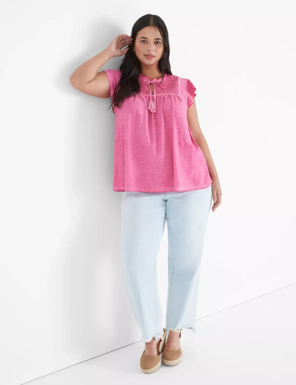 Swing Ruffle-Neck Smocked-Yoke Tee