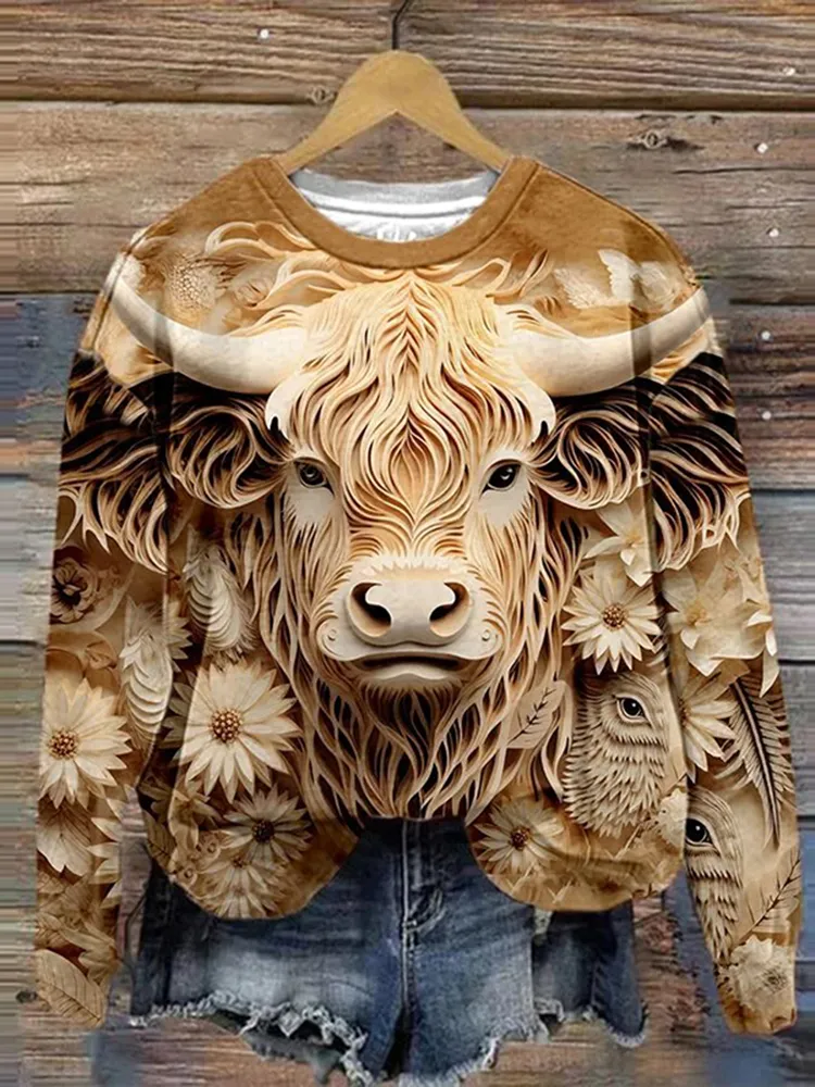 3D Highland Cow Print Casual Sweatshirt