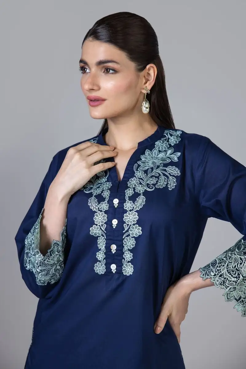 3 Piece Kurta Embroidered | Dupatta& Bottom & Tops | Color Navy blue