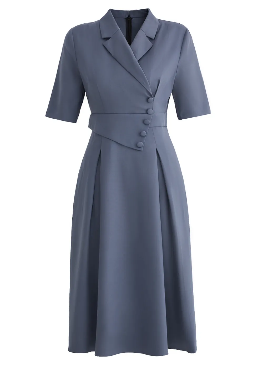 Dusty Blue Lapel Half Sleeve Asymmetry Dress