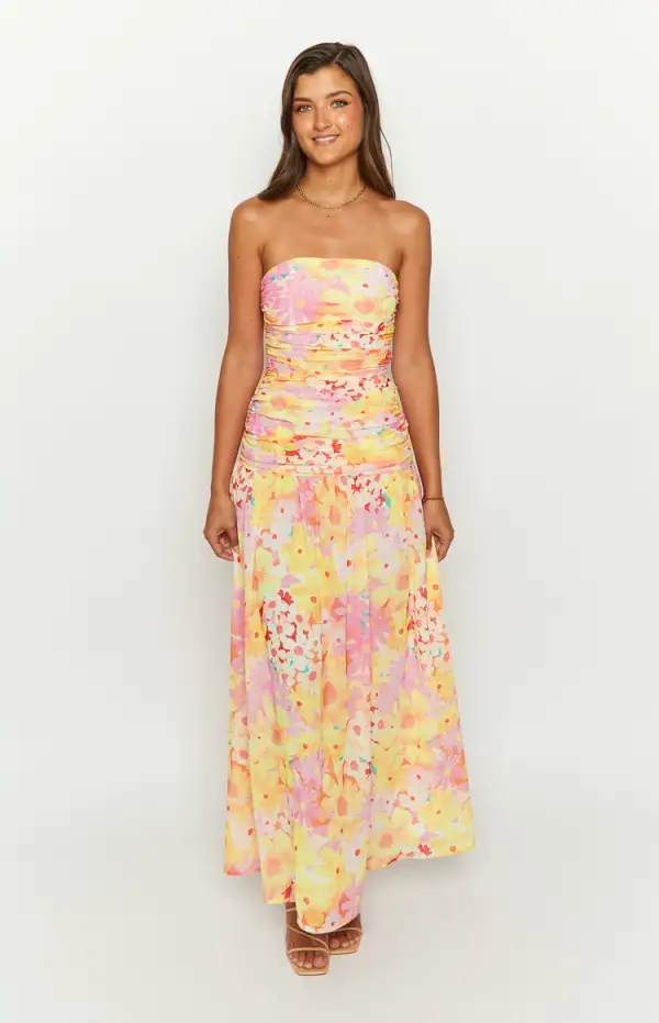 Sinclair Yellow Floral Print Strapless Maxi Dress