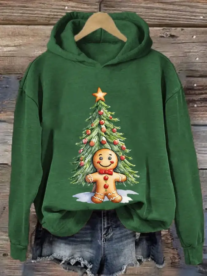 Women's Christmas Gingerbread Man Print Casual Hooded