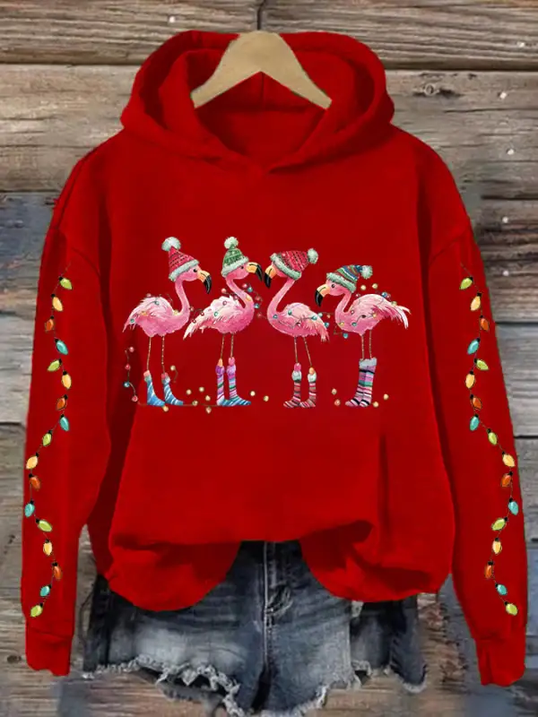 Women's Christmas Flamingo Print Hooded Sweatshirt