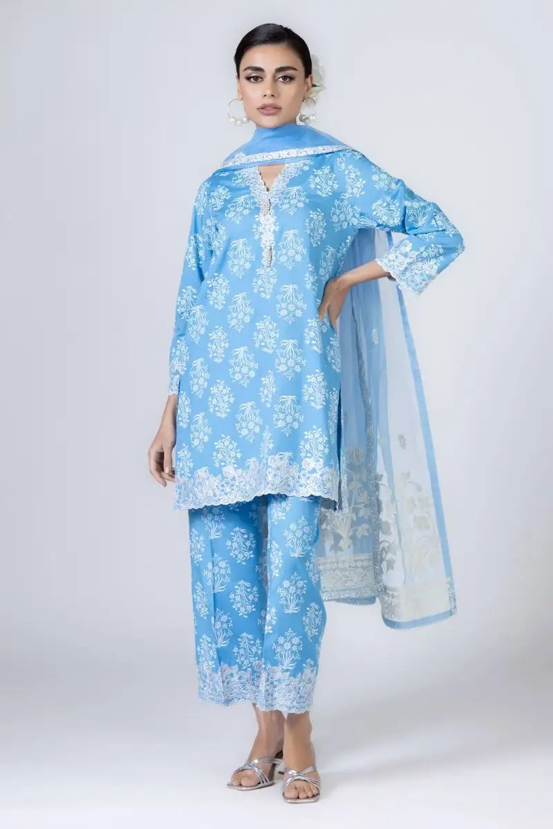 3 Piece Kurta Embroidered | Dupatta& Bottom & Tops | Color Blue