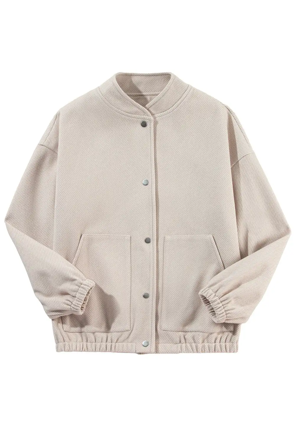 Beige Baseball Collar Snap Button Pocketed Bomber Jacket