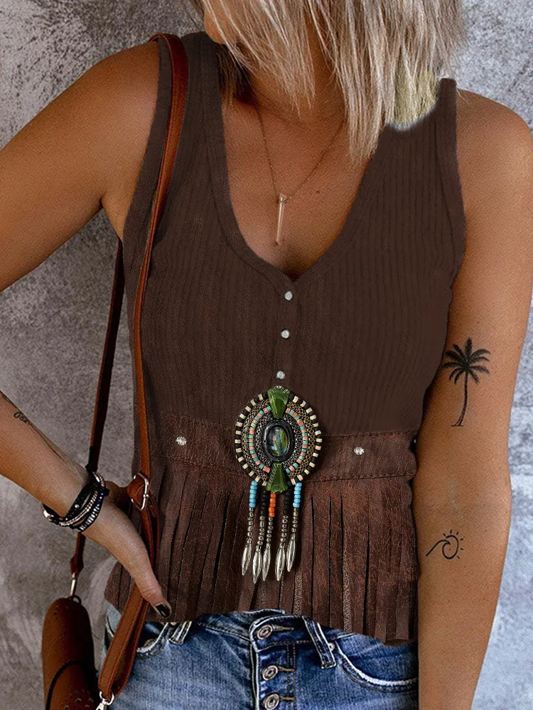 Western Vintage Leather Art Print Button Up Tank Top