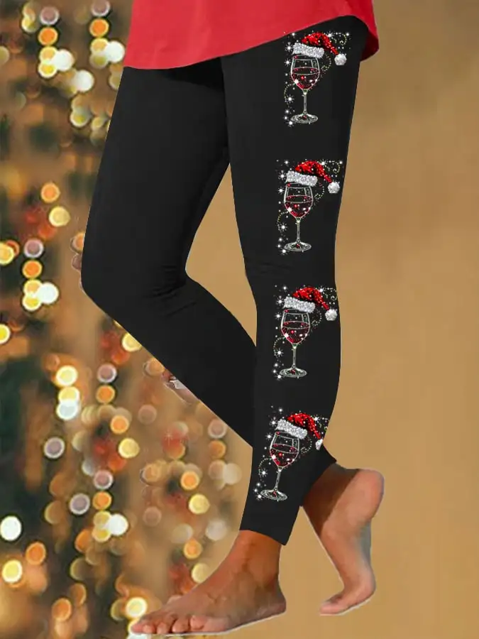 Women's Shiny Christmas Red Wine Glass Print Casual Leggings