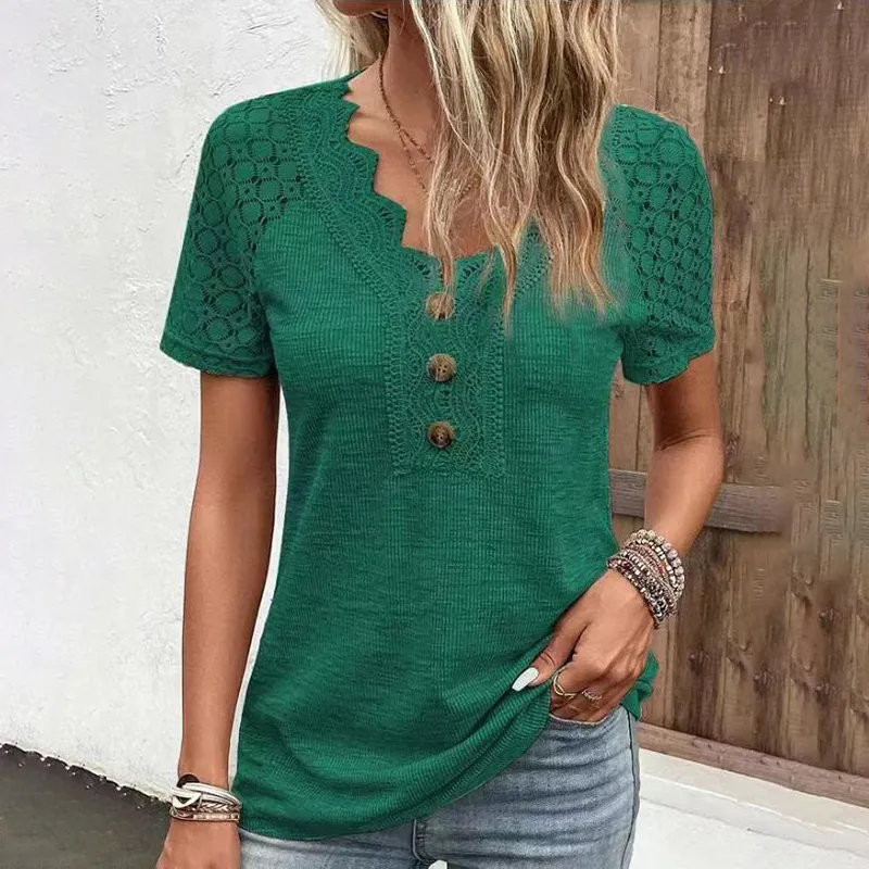 Solid Lace Patchwork V-Neck Casual Short Sleeved T-Shirt