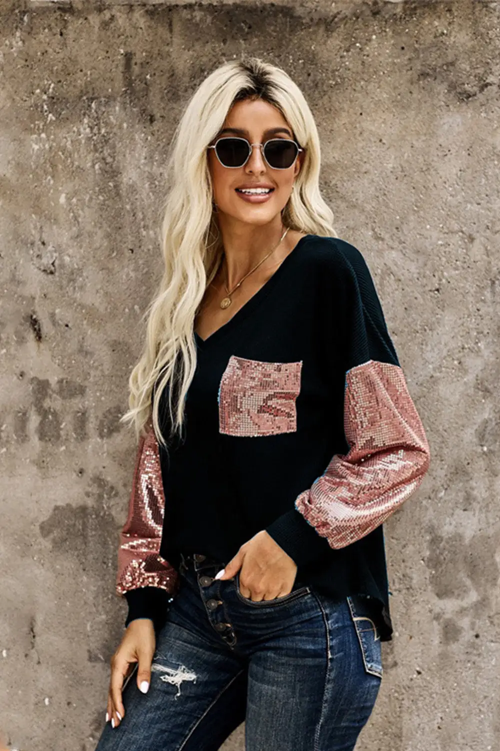 V-neck Stitched Sequined Pocket Sweater