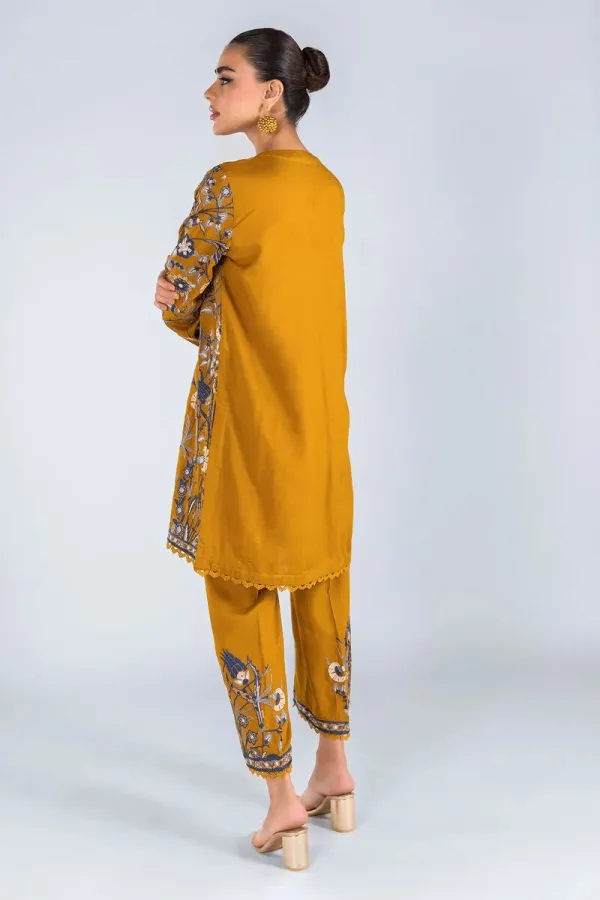 3 Piece Kurta Embroidered | Dupatta& Bottom & Tops | Color Ginger yellow