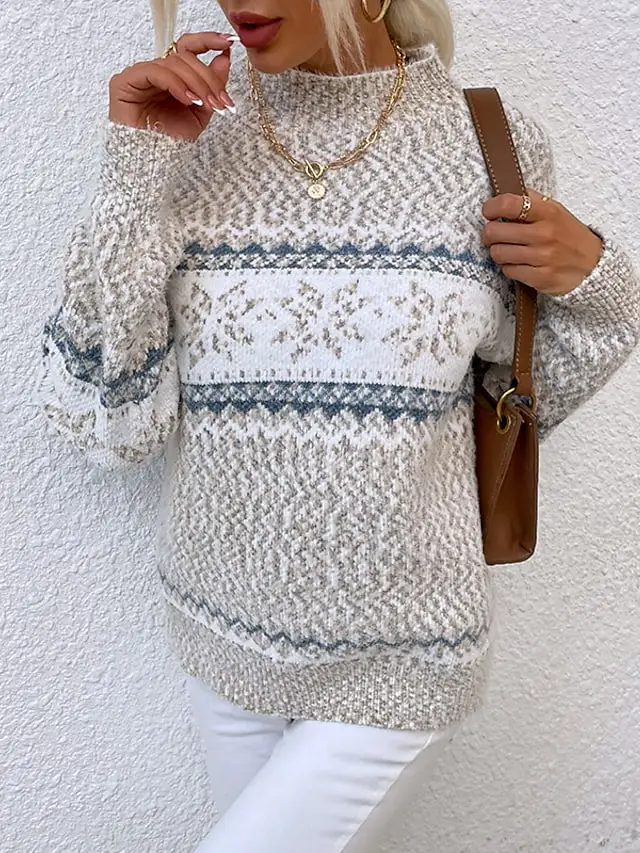 Women's Pullover Sweater Jumper Jumper Ribbed Knit Knitted Snowflake Turtleneck Vintage Style