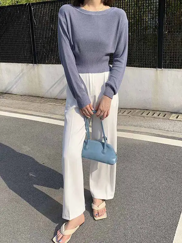 Simple Solid Color Round-Neck Long Sleeves Knitwear