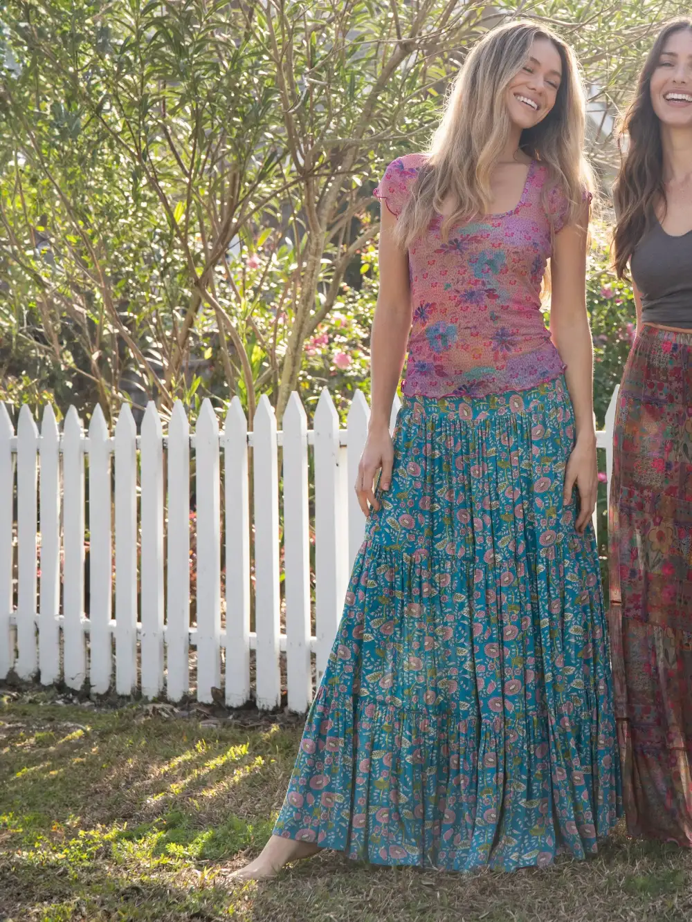 Hanna Convertible Maxi Skirt - Blue Pink Floral Vines