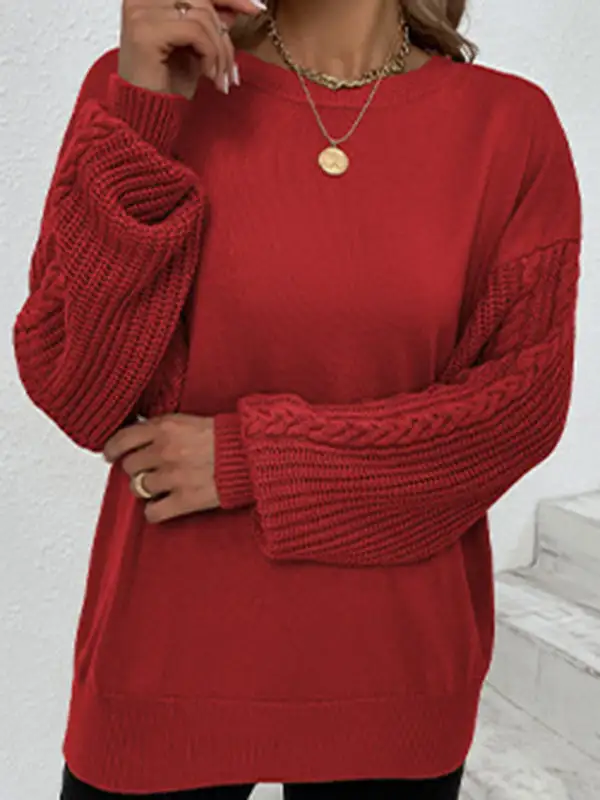 Knitted Twist Long Sleeves Solid Color Round-Neck Sweater Tops