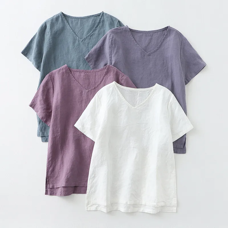 Simple cotton linen V-neck T-shirt