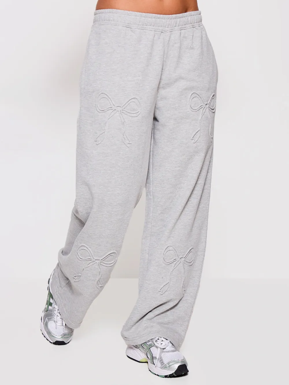 Grey Marl Embossed Bow Detail Wide Leg Sweatpants