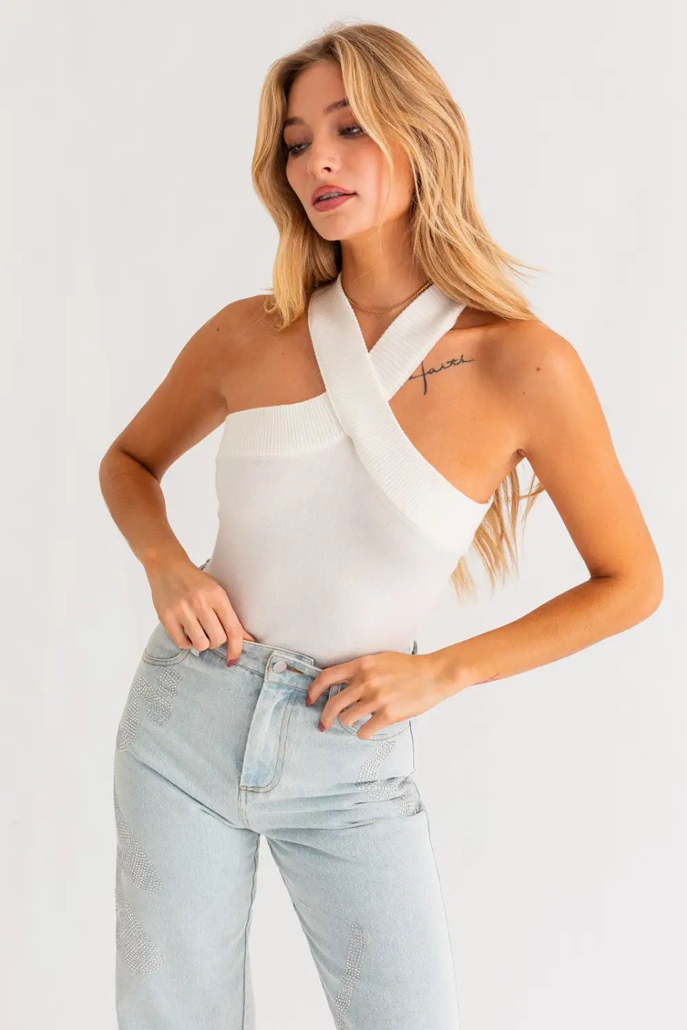 Criss Cross Halter Sweater Bodysuit