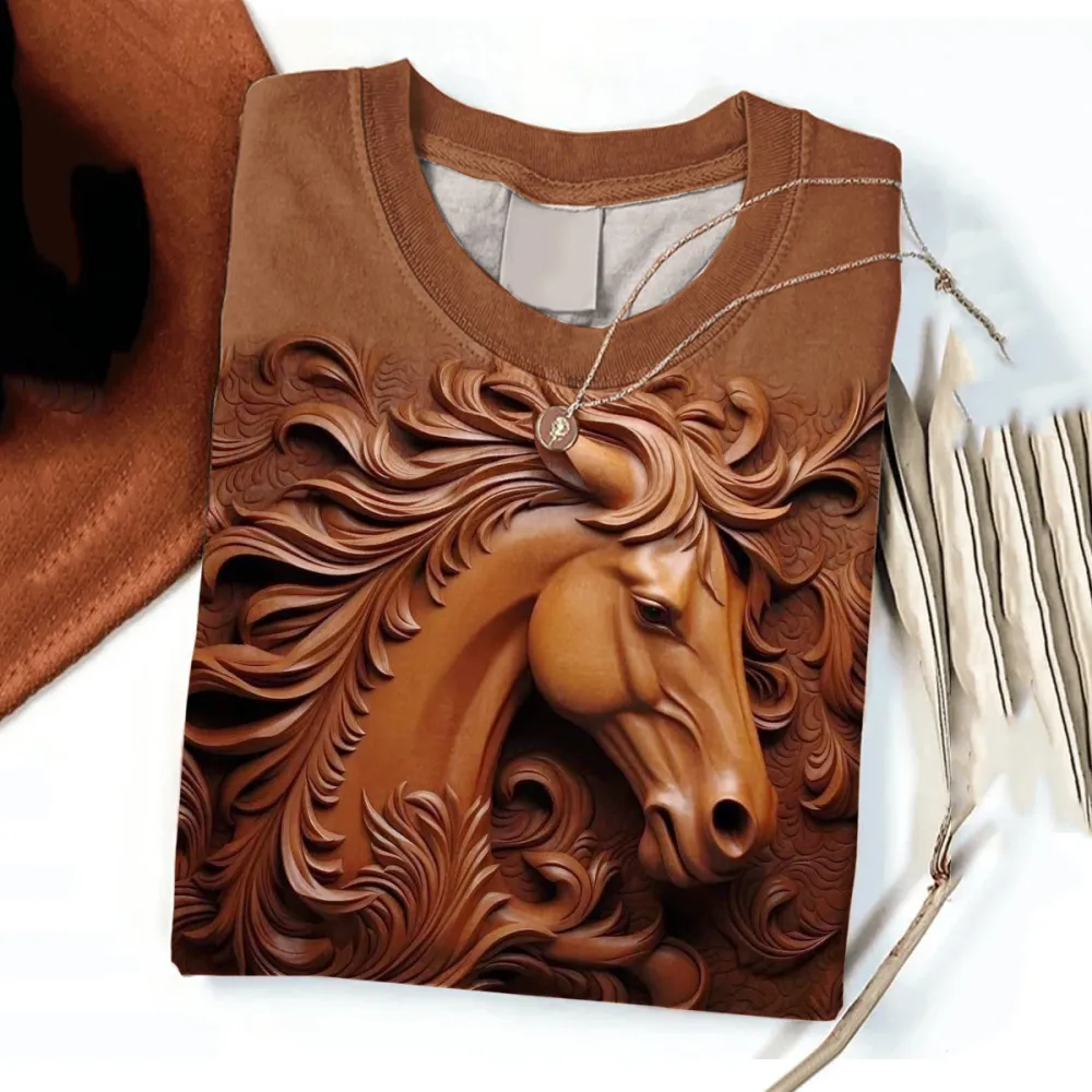 Vintage Art Horse Printed Long Sleeve T-Shirt