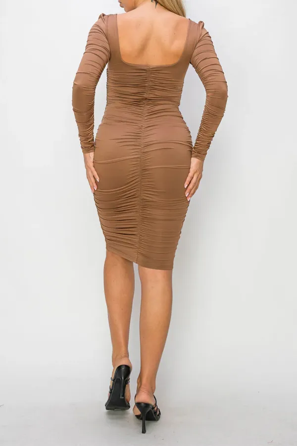 HyperBees Signature Long Sleeve Ruched Square Neck Midi Bodycon Dress