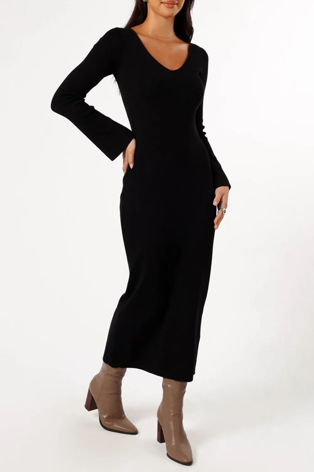 LINA LONG SLEEVE MIDI DRESS - BLACK