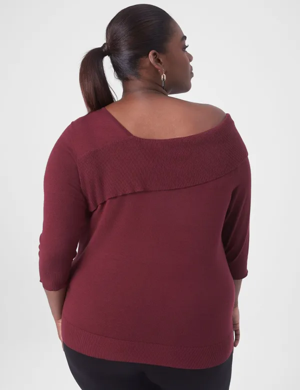 Fitted Medium-Sleeve Asymmetrical-Neck Pullover