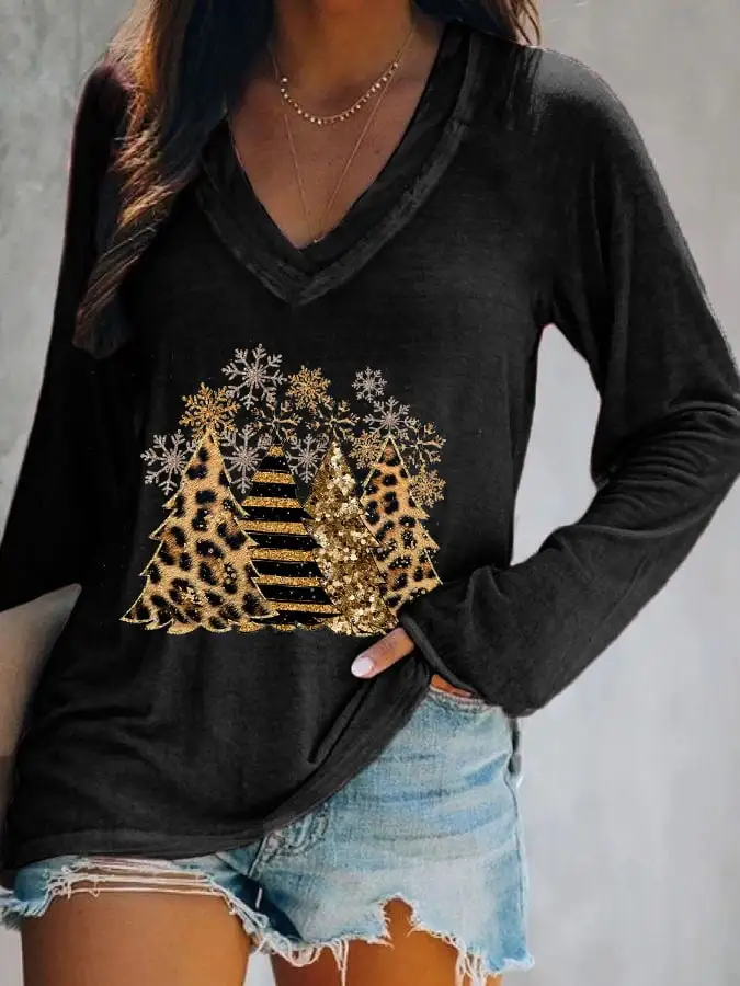 Women's Leopard   Tree Print V-Neck Long Sleeve T-Shirt