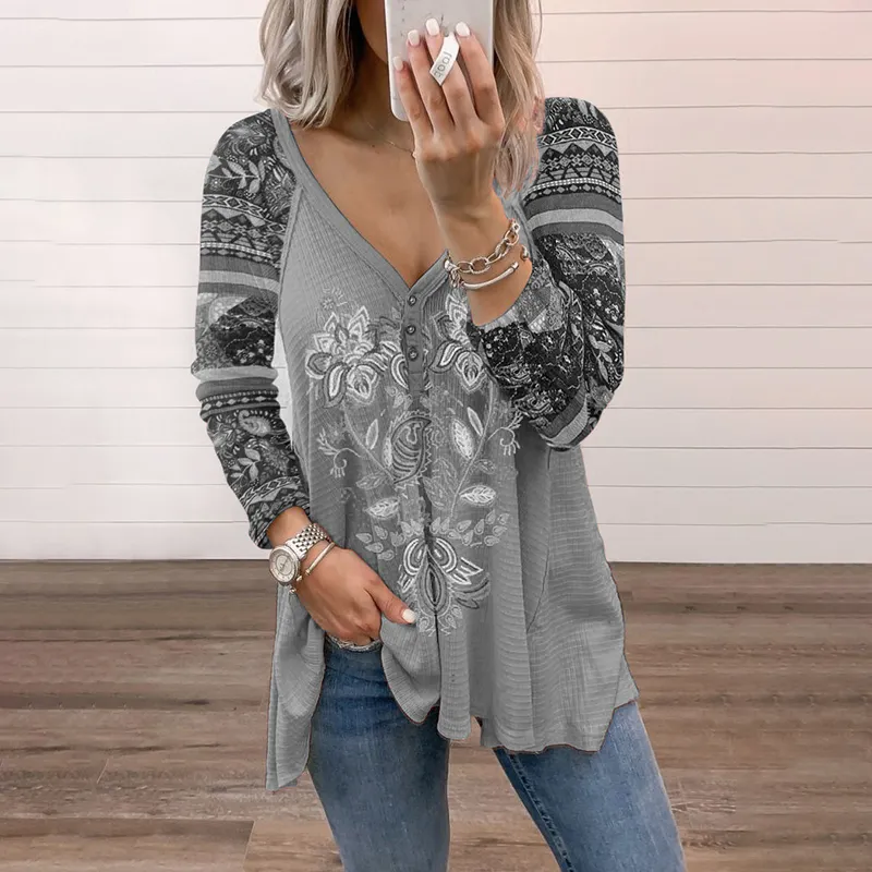 Casual Long Sleeve Printed V-Neck T-Shirt