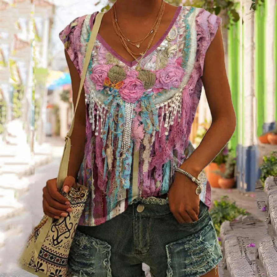 Western Fringed Print V-Neck Sleeveless Casual Tank Top