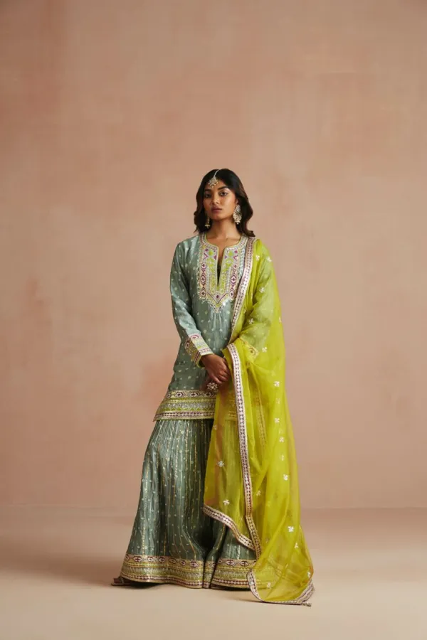 Iced Grey Bandhani Embellished Gharara Set