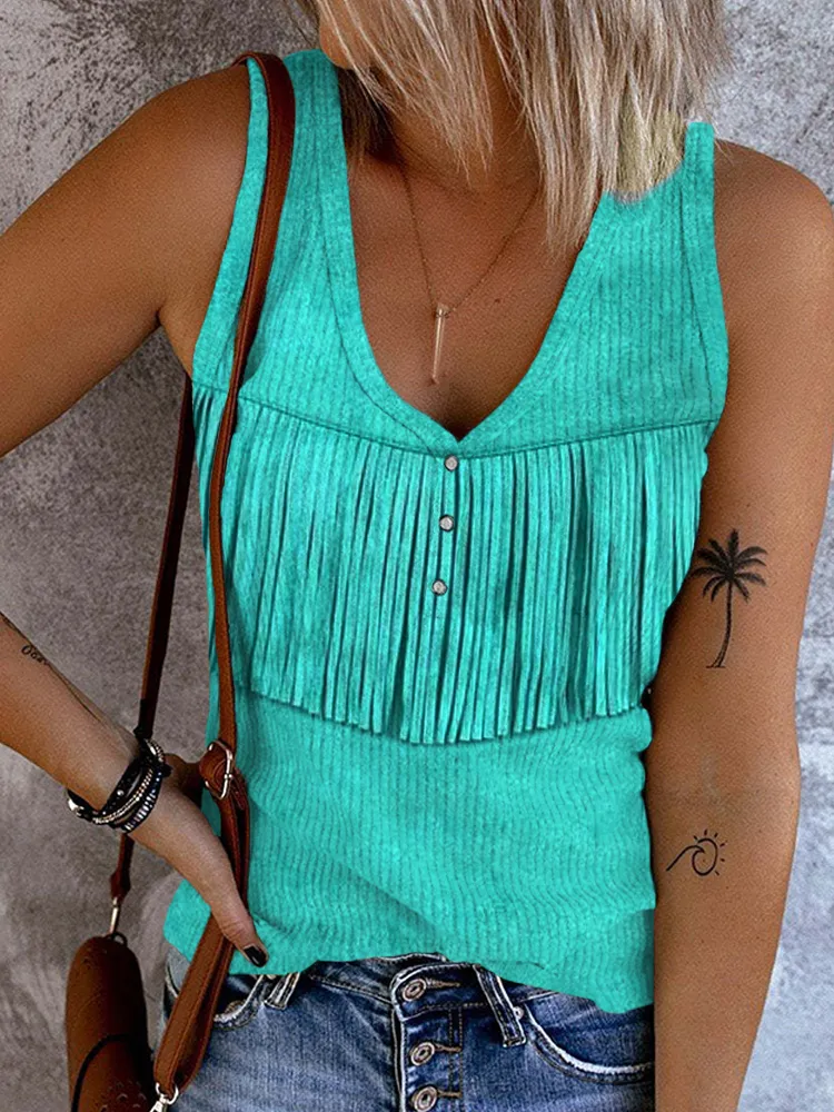 Western Turquoise Fringe Art Button Up V Neck Tank Top