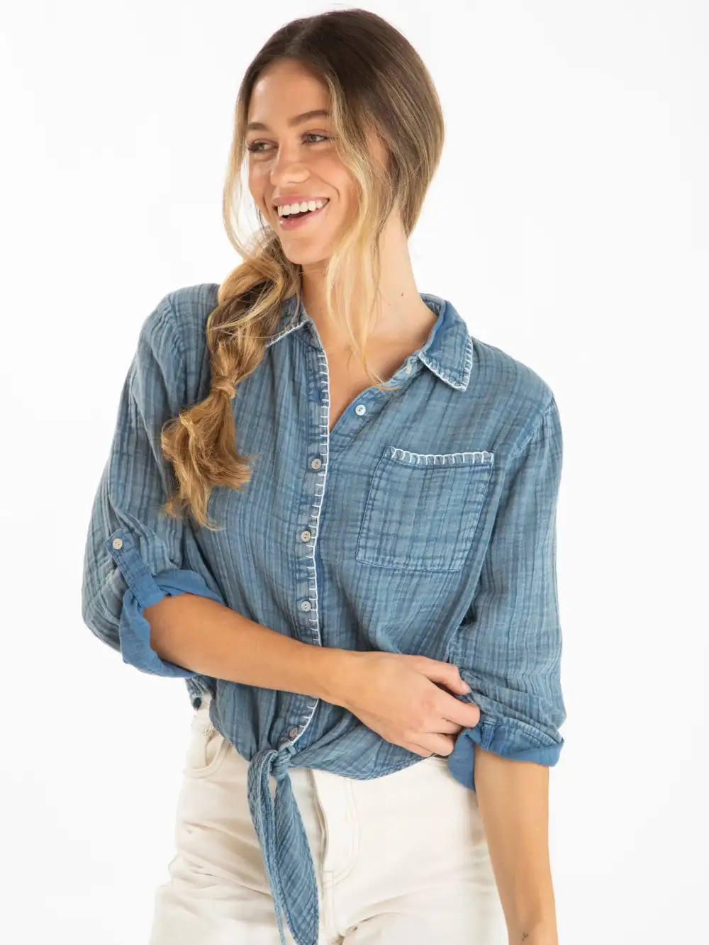 Lola Tie Cotton Button Down - Denim