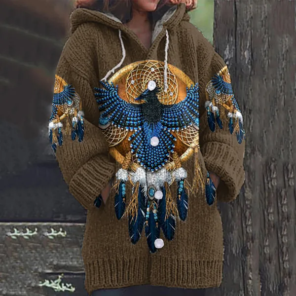 Western Eagle Feather Fringe Art Cozy Hooded Cardigan