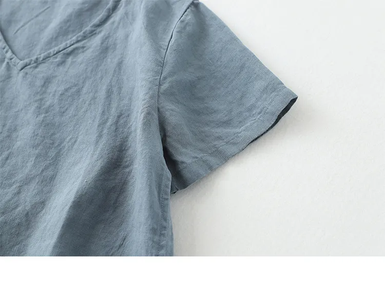 Simple cotton linen V-neck T-shirt