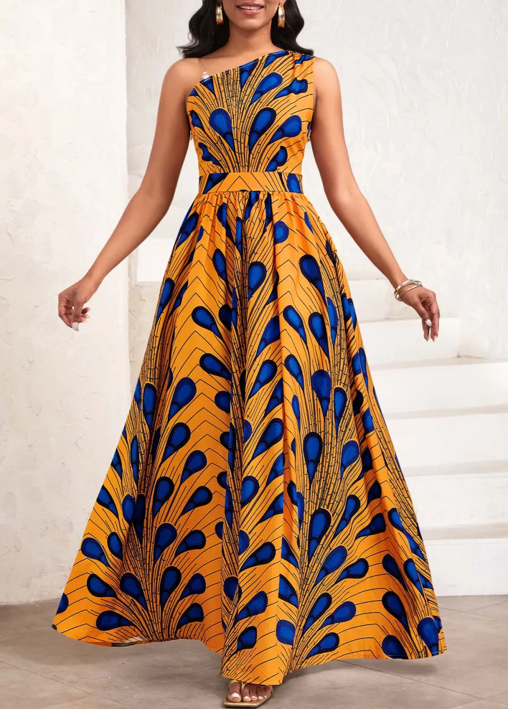 Feathers Print Asymmetry Orange Sleeveless One Shoulder Maxi Dress