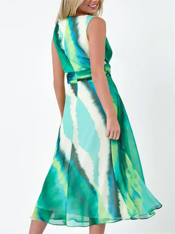 Green Sleeveless Abstract Print Midi Dress