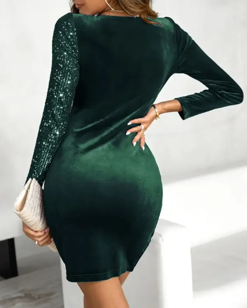 Colorblock Velvet Contrast Sequin Ruched Wrap Party Dress