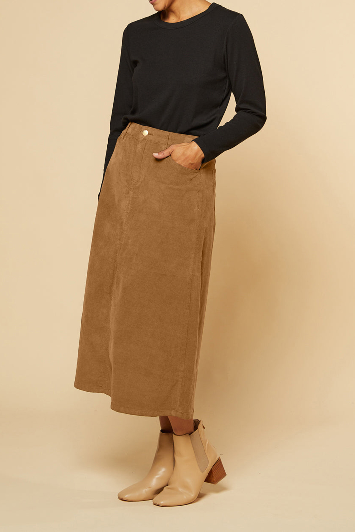 Adrift A-Line Brushed Cotton Skirt in Camel