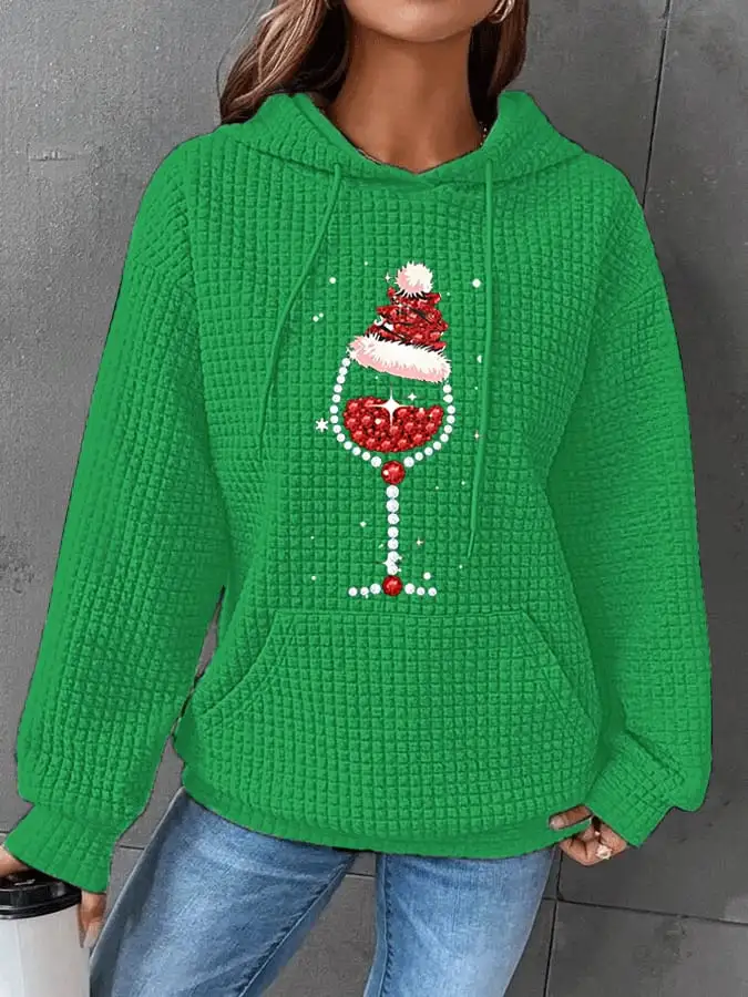 Women's Shiny Christmas Hat Red Wine Glass Casual Waffle Hoodie