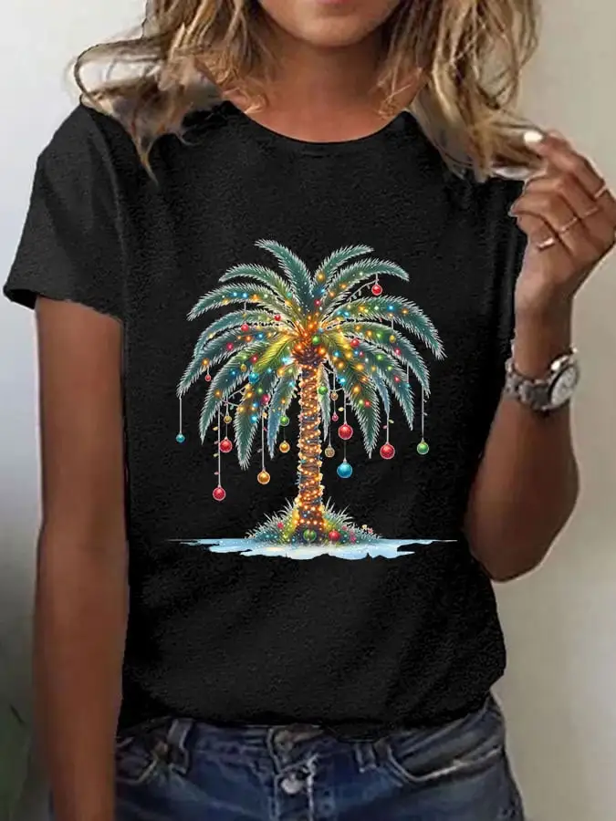 Women'S Christmas Palm Tree Print Casual Round Neck T-Shirt