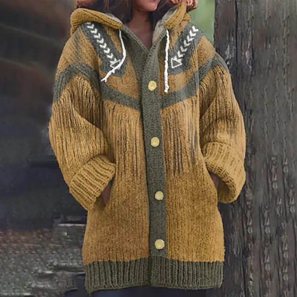 Women'S Native American Pattern Hooded Cardigan Sweater