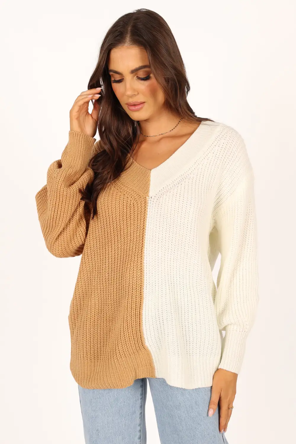 Victoria Two Tone Vneck Knit Sweater - Beige Multi