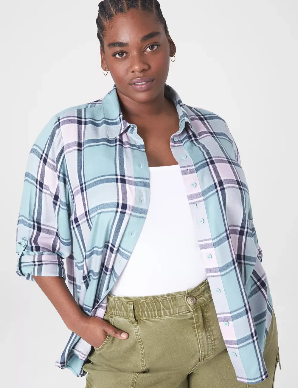 Relaxed Button-Front Plaid Boyfriend Shirt