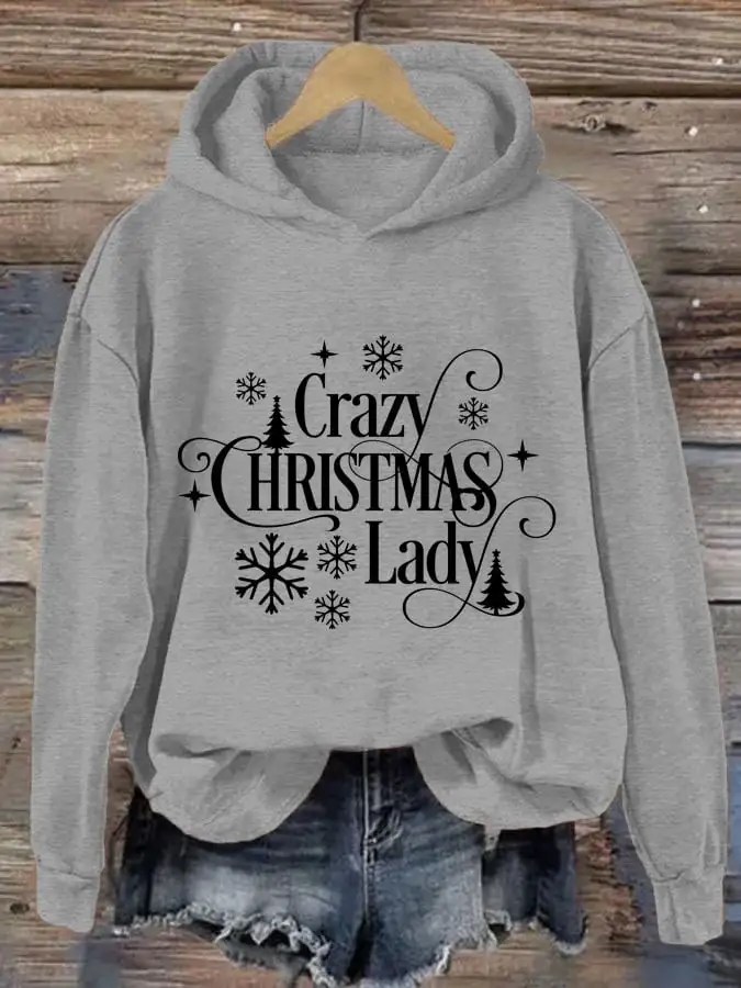 Women's Crazy Christmas Lady Print Casual Hooded Sweatshirt