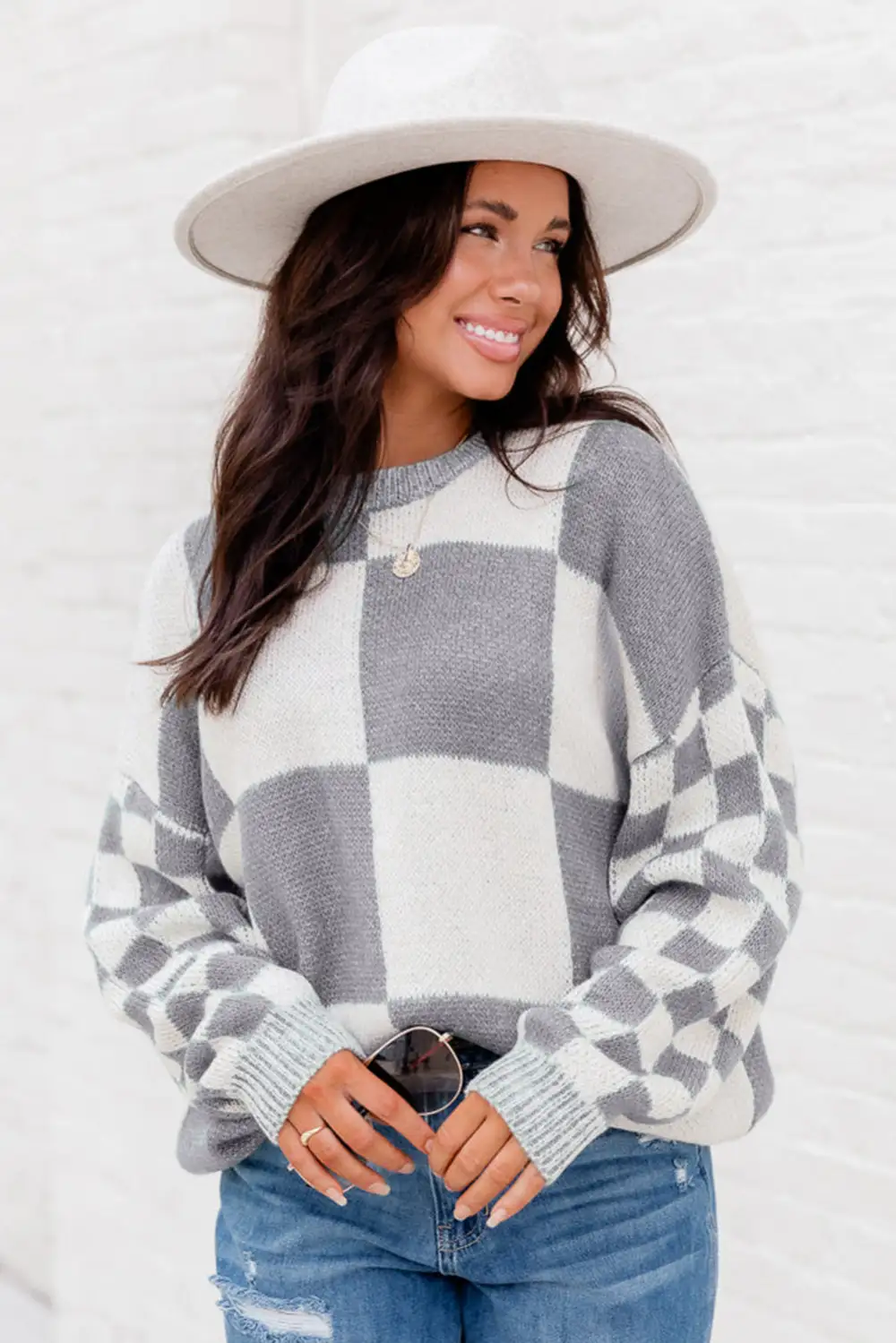 Checkered Print Drop Shoulder Sweater