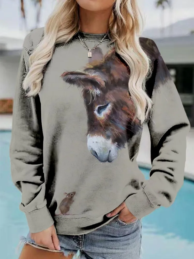 Donkey and Mouse Pattern Crew Neck Comfy Sweatshirt