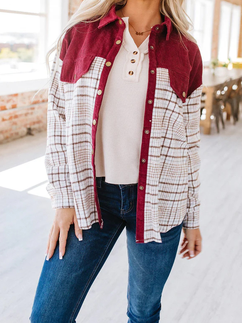 Wine Red Casual Elegant Plaid Jacket Coat